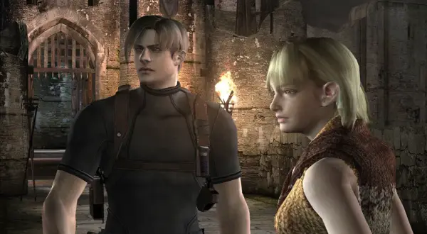 Leon i Ashley w mrocznym zamku, przygotowani na walkę. To scena z gry, która dla wielu jest najlepsza gra wszechczasów.