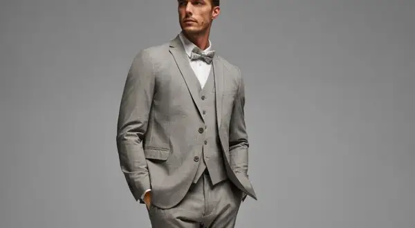 Ein Mann im eleganten grauen Anzug mit Weste und Fliege. So gelingt das Anzug reinigen ohne waschen.