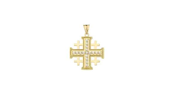 Colgante de cruz de Jerusalén en oro amarillo, con detalles de circonitas brillantes.