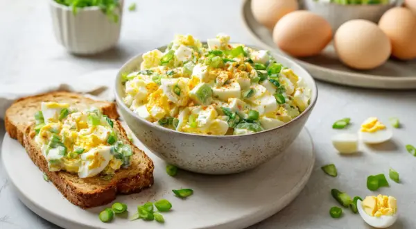 Cremiger Eiersalat mit Joghurt, garniert mit Frühlingszwiebeln, auf einer Scheibe Toastbrot. Daneben eine Schüssel mit dem Salat und gekochte Eier.