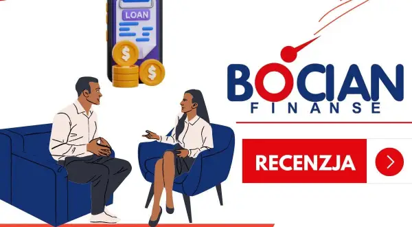 Bocian Finanse: para rozmawia o pożyczki online. Ikona telefonu z napisem "LOAN" i monetami.
