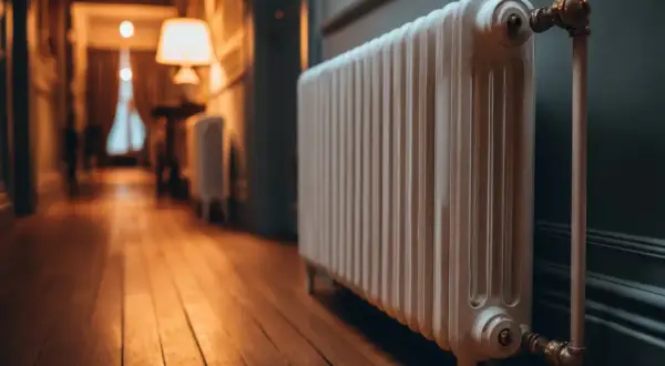 Ein weißer Heizkörper im Flur, der die Heizungsrohre verkleidet. Der Holzboden und die warme Beleuchtung schaffen eine gemütliche Atmosphäre.
