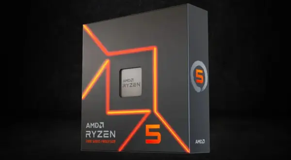 AMD Ryzen 5 7000 Series Prozessor-Verpackung mit leuchtenden Linien. Ein Blick auf die Leistung im Vergleich zu Ryzen 7.