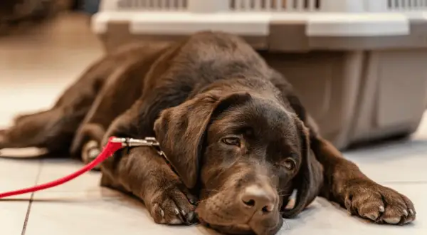 Ein brauner Hund liegt erschöpft auf dem Boden, sein Brustkorb hebt und senkt sich schnell, da der **hund pumpt beim atmen**.