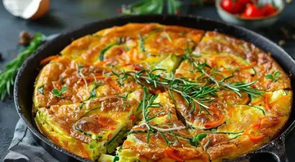 Ein goldbraunes Frittata Rezept, original italienisch, mit Zucchini und Karotten, garniert mit Rosmarin.