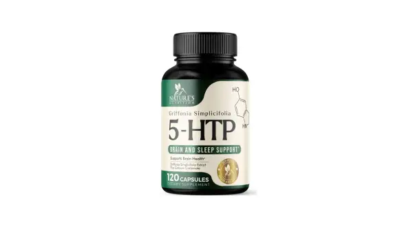 Butelka suplementu 5-HTP marki Nature's Nutrition z napisem "Brain and Sleep Support".