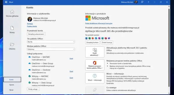 Konto w Wordzie, gdzie można zarządzać usługami, w tym jak wyłączyć OneDrive.
