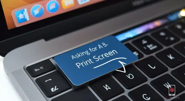 Niebieska naklejka na klawiaturze laptopa z napisem "Asking for A B. Print Screen". To jest screen.