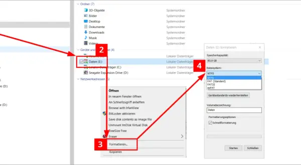Festplatte im BIOS formatieren: Rechtsklick auf "Daten (E:)", dann "Formatieren..." wählen und das Dateisystem NTFS auswählen.