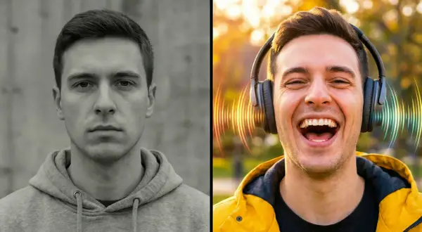 Ein Mann, erst traurig, dann voller Freude, als er lustige Lieder über Kopfhörer hört.