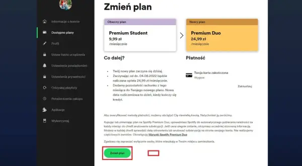 Ekran zmiany planu Spotify: obecny plan Premium Student, nowy plan Premium Duo, opcje płatności.