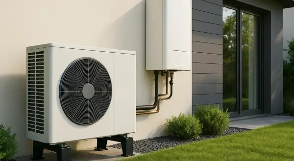 Unité extérieure d'une chaudière pompe à chaleur, installée près d'une maison moderne avec une fenêtre.