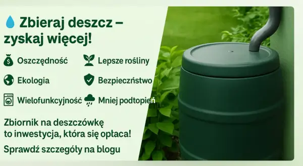 Zielony zbiornik na deszczówkę z rynną, otoczony zielenią.