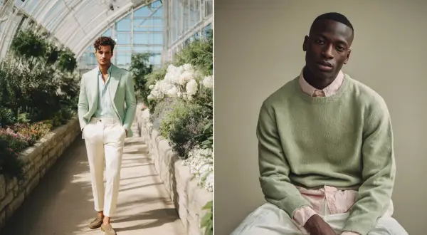 Uomo con abbinamento grigio e verde: completo sartoriale menta e pantaloni chiari, e maglione verde su camicia rosa.