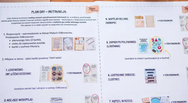 Instrukcja gry "Tajne Misje" z zadaniami i fragmentami do ukrycia.