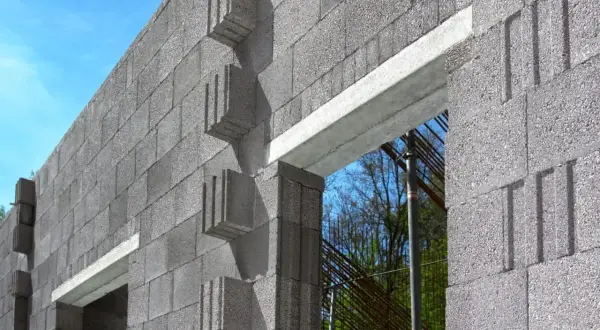 Ściana z bloczków betonowych z widocznym betonowym nadprożem nad otworem okiennym. W tle zbrojenie i drzewa.