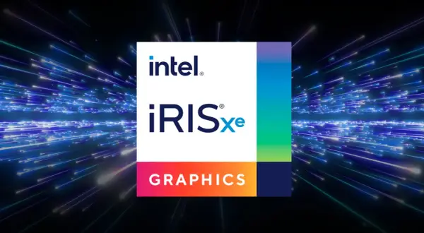 Logo Intel Iris Xe Graphics na tle rozmytych, niebieskich linii światła.