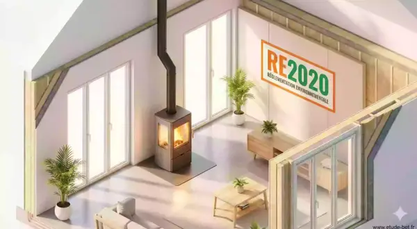 Un poêle moderne chauffe une pièce lumineuse, idéalement placé sous un escalier imaginaire. Le logo RE2020 rappelle la réglementation environnementale.