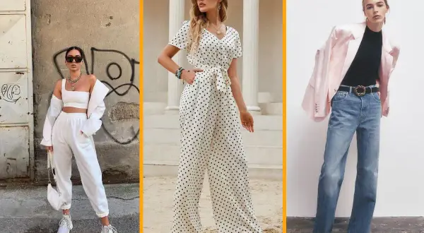 Tres looks para outfits primavera: blanco total deportivo, mono de lunares y blazer rosa con jeans.