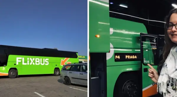 Zielona ciężarówka Flixbus z napisem "PRAGA" na wyświetlaczu to świetny sposób, jak dojechać do Pragi.