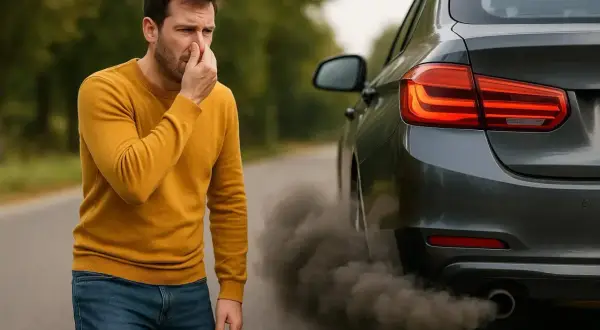 Un homme se pince le nez à cause de la mauvaise odeur d'échappement diesel d'une voiture qui émet de la fumée noire.