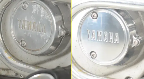 Prima e dopo: pulire alluminio ossidato motore Yamaha. L'ossidazione scompare, lasciando brillare il metallo.