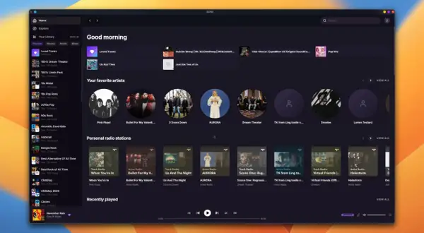 Widok ekranu aplikacji TIDAL z listą playlist, ulubionymi artystami i ostatnio odtwarzanymi utworami.
