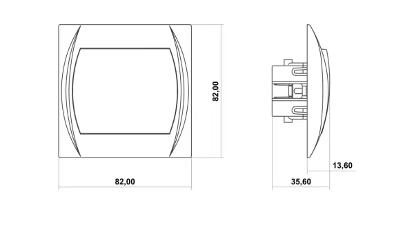 Rysunek techniczny łącznika dwubiegunowego z wymiarami 82x82 mm i głębokością 35,6 mm.