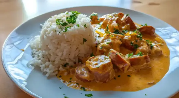 En portion krämig korvstroganoff med ris, toppad med hackad persilja. En klassisk svensk rätt som värmer själen.