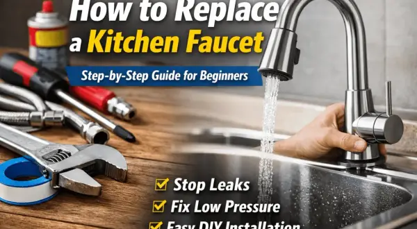 Learn how to replace a kitchen faucet with this step-by-step guide. Tools and a new faucet are shown, ready for an easy DIY installation.