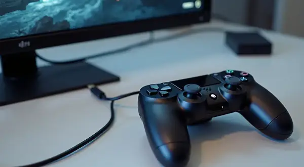 Czarny pad PS4 podłączony kablem do komputera, obok monitor z grą.