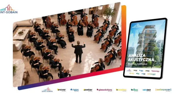 Orkiestra symfoniczna grająca w nowoczesnym wnętrzu, a obok tablet z analizą akustyczną budynków Saint-Gobain.