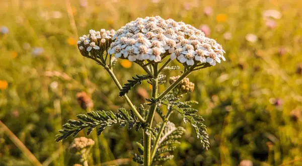 Nahaufnahme einer Schafgarbe auf einer sonnigen Wiese. Die Schafgarbe ist bekannt für ihre vielfältige Verwendung in der Naturheilkunde.