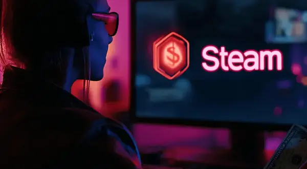 Gracz z dolarem w ręku przed ekranem Steam. Dowiedz się, jak odebrać oczekujące pieniądze na Steam.