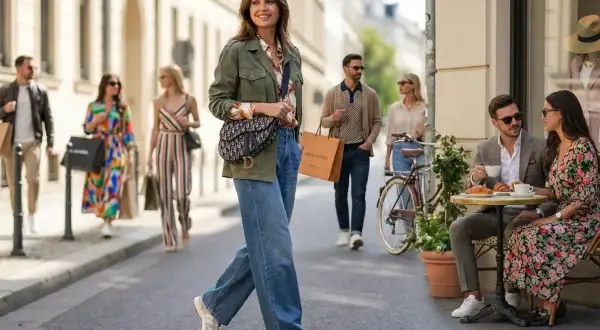Stylowa kobieta w luźnych jeansach i kurtce tworzy idealną stylizację na wycieczkę po mieście. W tle widać innych spacerujących ludzi i kawiarnię.