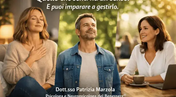 Tre persone serene, una donna con mano sul cuore, un uomo che guarda al cielo, una donna sorridente con tazza. "Quello che senti ha un senso. E puoi imparare a gestirlo." Non ho paura di non farcela.