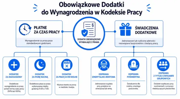 Schemat obowiązkowych dodatków do wynagrodzenia w Kodeksie Pracy: płatne za czas pracy (nadgodziny, pora nocna, dni wolne) i świadczenia dodatkowe (odprawy).