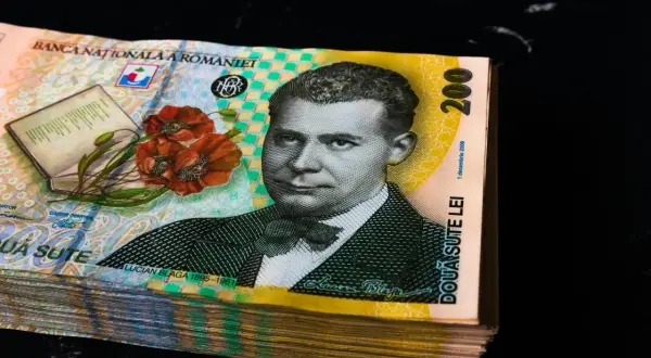 Stos banknotów 200 lei, rumuńska waluta, z wizerunkiem Luciana Blagi i makami.