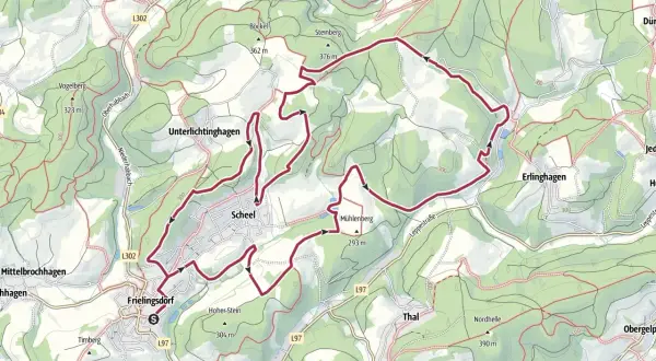 Wanderkarte mit markiertem Weg rund um Frielingsdorf und Scheel. Der sagenweg Lindlar führt durch Wälder und über Hügel, vorbei an Orten wie Unterlichtinghagen und Erlinghagen.
