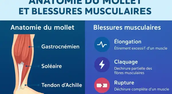 Anatomie du mollet et blessures musculaires, incluant le claquage, une déchirure musculaire du mollet.