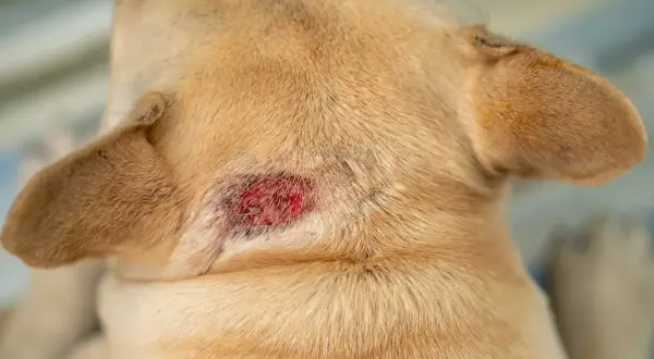 Close-up of a light brown dog's neck showing irritated skin and red patches, indicating dog rashes.