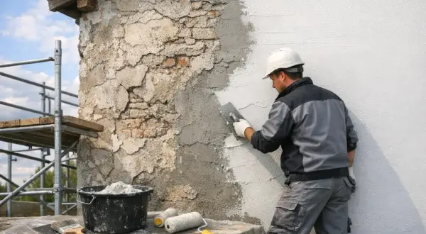Un ouvrier rénove la façade d'une maison en appliquant de l'enduit. Des échafaudages sont visibles.