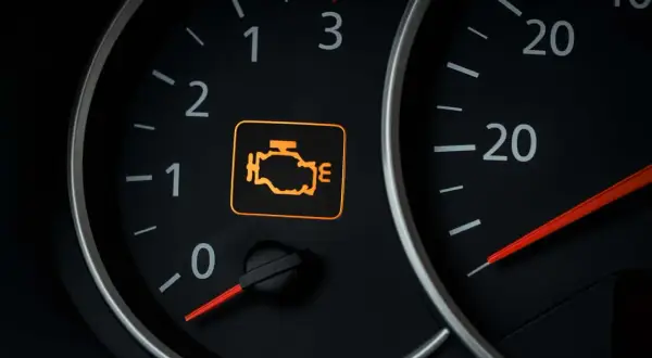 Voyant moteur allumé sur le tableau de bord, signalant un problème antipollution à contrôler.