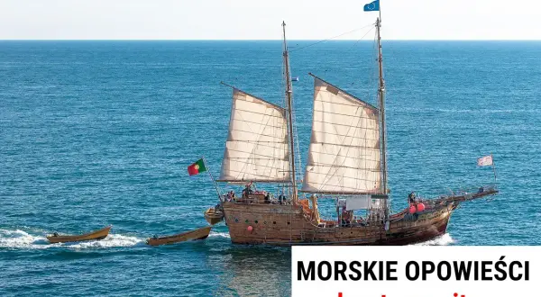 Żaglowiec z portugalską flagą na morzu, z tekstem "Morskie opowieści - najpopularniejsze szanty tekst".