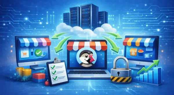 Sécurisation des transactions e-commerce avec un système de login php, représenté par des boutiques en ligne, un cadenas et des serveurs.