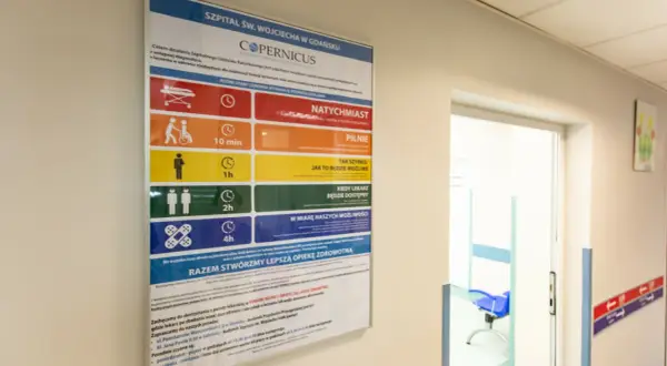 Plakat w szpitalu przedstawia zasady triażu medycznego, określając czas oczekiwania na pomoc w zależności od stanu pacjenta.