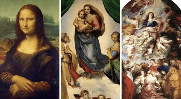 A triptych of famous art in the Renaissance era: Mona Lisa, Raphael's Sistine Madonna, and Rubens' Assumption of the Virgin Mary.