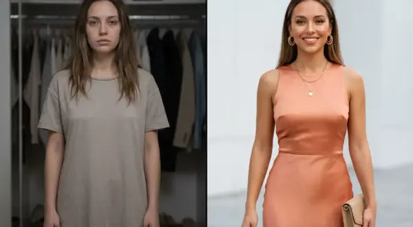 Przed i po: kobieta w beżowej sukience i kobieta w eleganckiej sukience w kolorze brzoskwiniowym.