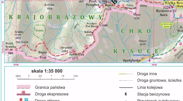 Mapa turystyczna Beskidu Żywieckiego z zaznaczonymi atrakcjami, szlakami i drogami.