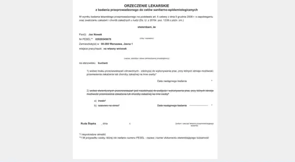 Orzeczenie lekarskie dla kucharza Jana Nowaka, potwierdzające brak przeciwwskazań do pracy w warunkach sanitarno-epidemiologicznych.